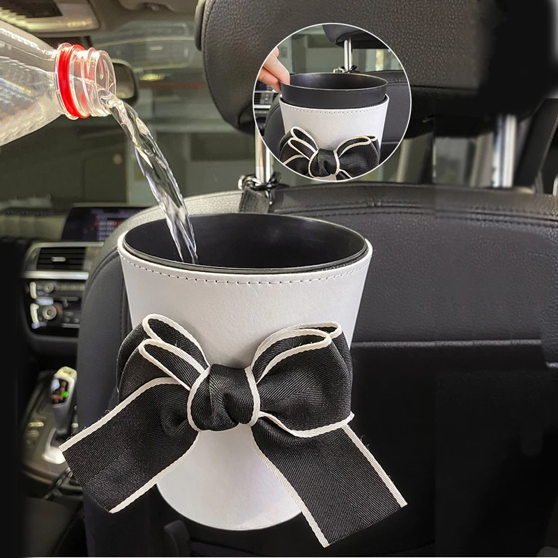 Cute Bowknot Car Trash Bin Can Waterproof for Back Seat Headrest Mini Auto Outlet Air Vent Organizer Rubbish Bag Garbage Storage