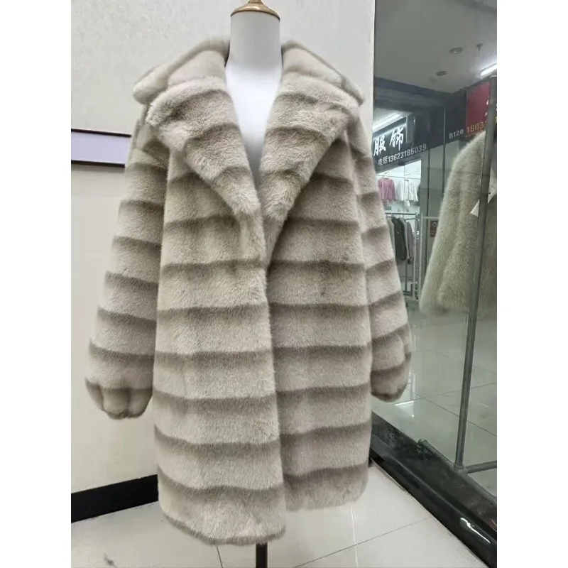 Mantel Bulu Imitasi Mink Mewah Gaya Eropa dengan Kerah Topi atau Jas untuk Wanita, Tebal dan Hangat, Model Panjang Sedang