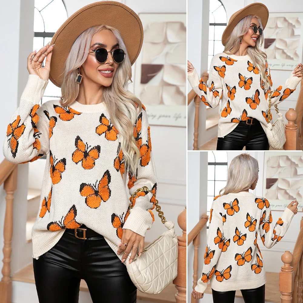 Pullover Damen 3D Butterfly Jacquard Sweater Women's Loose Autumn/Winter Long Sleeve Knitted Sweater New Style Maglione Y2k