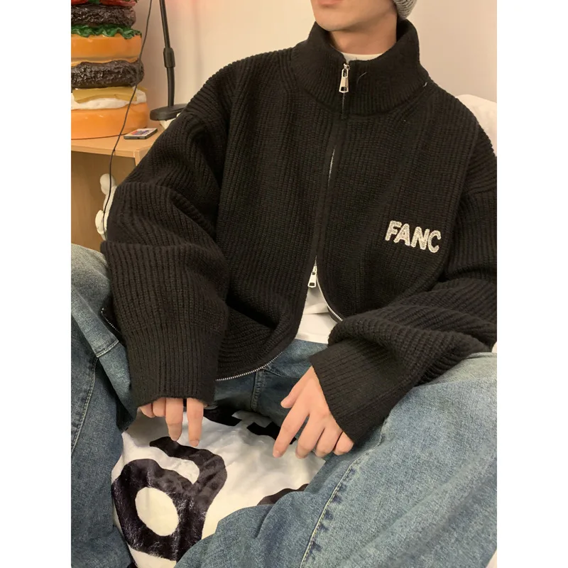 Knitted Cardigan Zipper Men Sweater Long Sleeve Jacket Spring Autumn Streetwear Korean Fashion Sweater Coat Warm Loose Outerwear