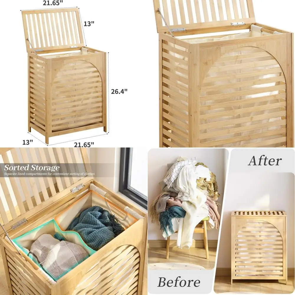 

Bamboo Lidded Laundry Basket with Removable 2-Section Liner, Large Storage for Home, Ideal for Towels, Sheets, and Toys (Natural