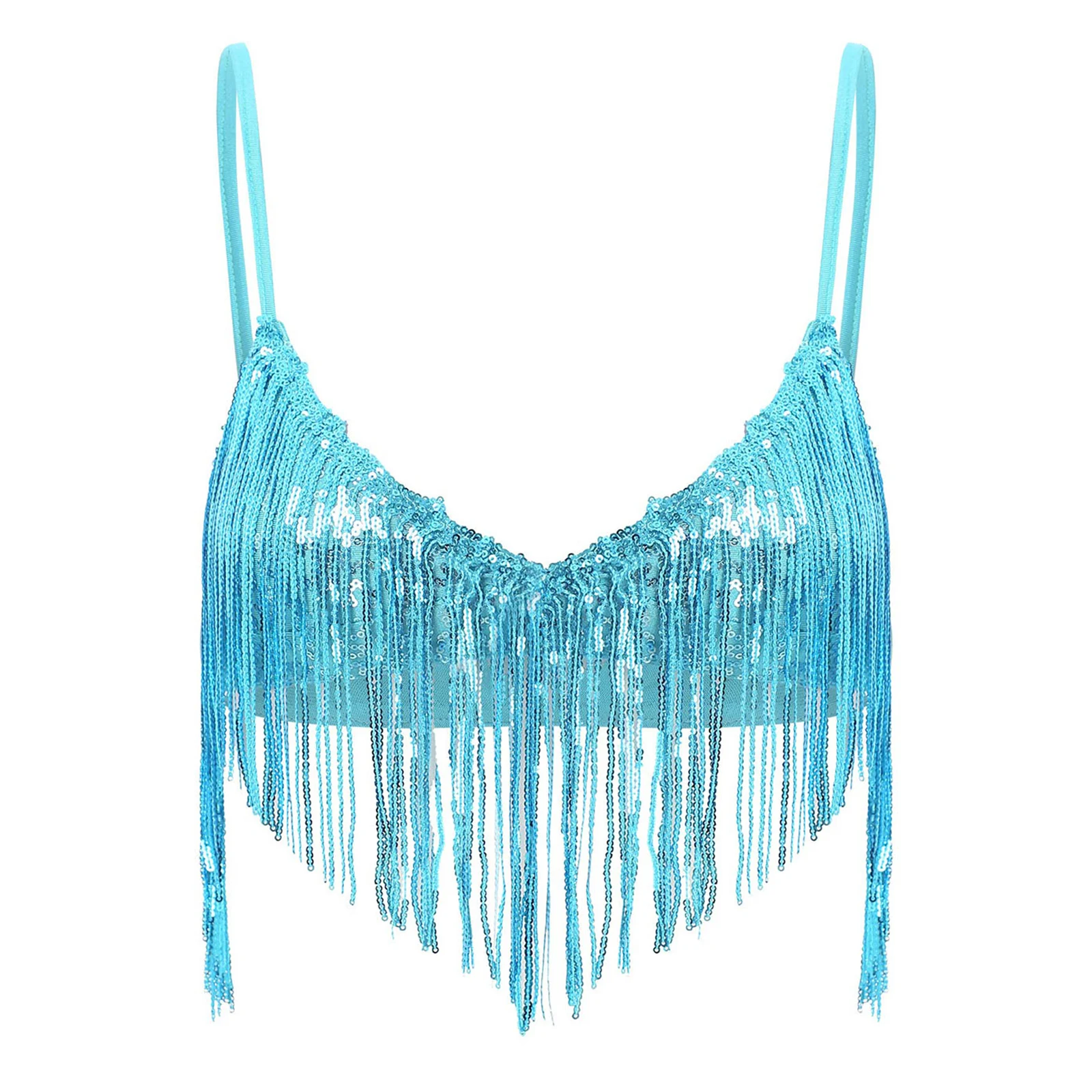 Women Belly Dance Vest Shiny Sequin Tassel Bra Tops Swing Sequin Fringe No-pad Wireless Bralette Bras Clubwear Disco Dance Wear