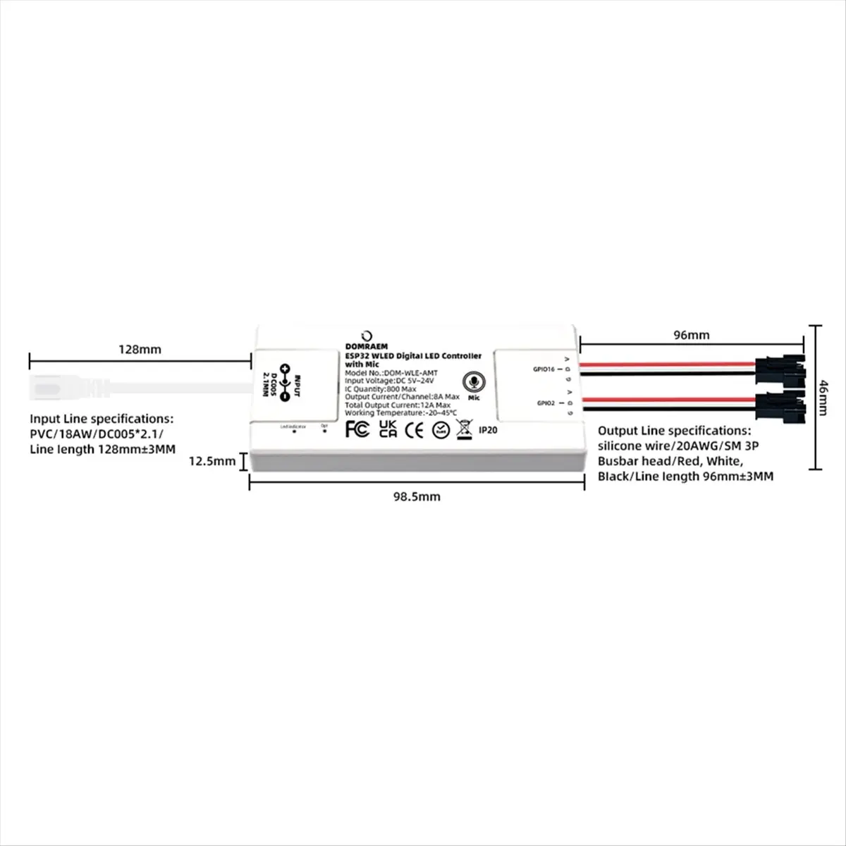 ESP32 WLED Light Strip Controller with Microphone Works with HA, for Voice Dimming WS281x, Supports RGB+IC