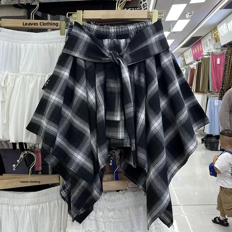 

Autumn Winter Street Sle Slim Fit f-length Skirt with Belt High Waist A-line Plaid Skirt for Square Dancing And Str...