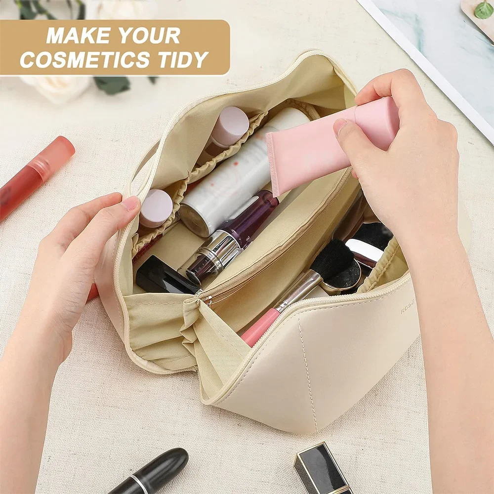 Leather Travel Cosmetic Bag Portable Women Large Capacity Makeup Case Waterproof Multifunctional Toiletry Organizer Storage Bag