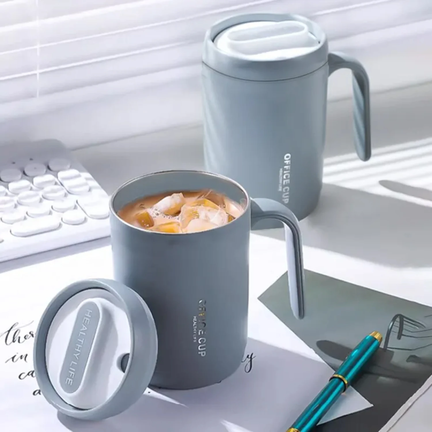 1pc Grey Creative PP Liner Drinking Cup Portable Office Large Capacity Covered Milk Coffee Cup Gift  Kitchen Travel Domestic