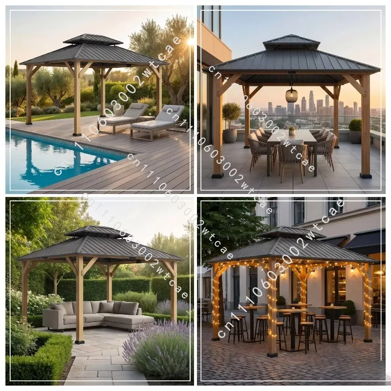 Multi Size 3x3 3x4 4x4m Aluminum Outdoor Gazebo Modern Square Pergola Slatted Galvanized Roof With Privacy Curtains