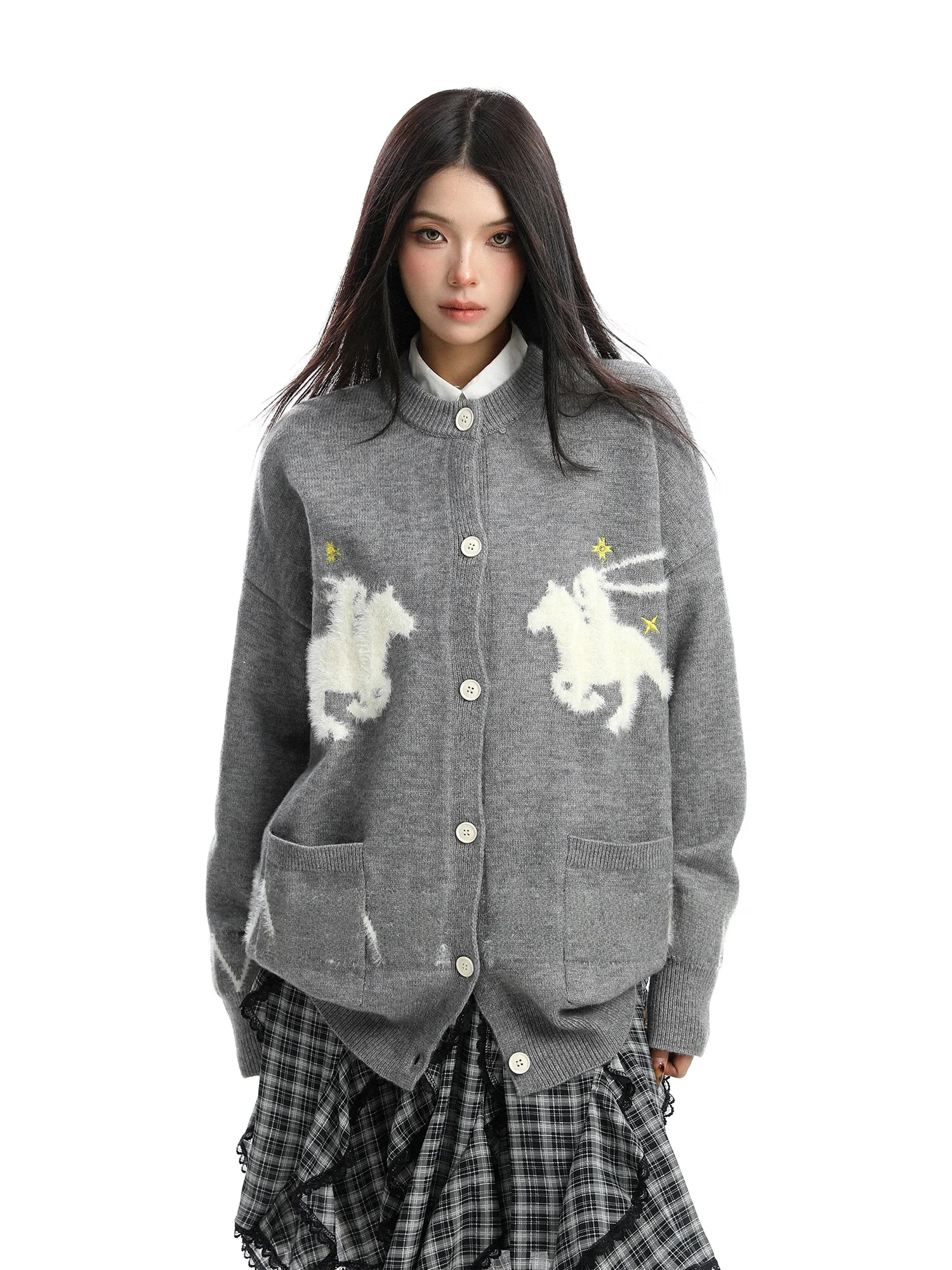 

Women's Loose Knitted Cardigan Sweater Autumn Winter Aosphere Soft Fluffy Floral Embroidery Long Sve round Ne Top