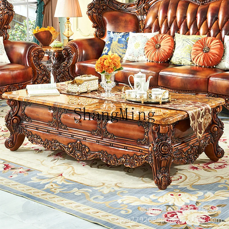 

CL villa full solid wood carving flower tea table square cornerluxury marble surface coffee table TV cabinet