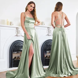 Dusty Green Spaghetti Straps Satin Prom Dresses With Slit Sexy Backless Halter Neck A Line Evening Party Gowns Maxi Vestidos