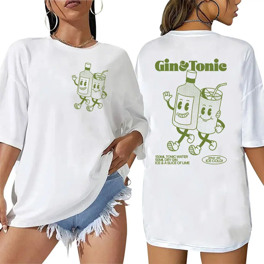 GIN TONIC Cocktail Cartoon Graphic Tee Shirt Funny Men Women High Quality Fashion T-shirt Casual 100% Cotton Oversized T Shirts