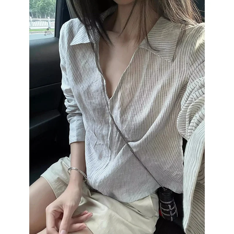 Loose Lazy Style Design Spring Autumn New Slimming Stripe V-Neck Women's Sun Protection Shirt Korean Version Commute Style