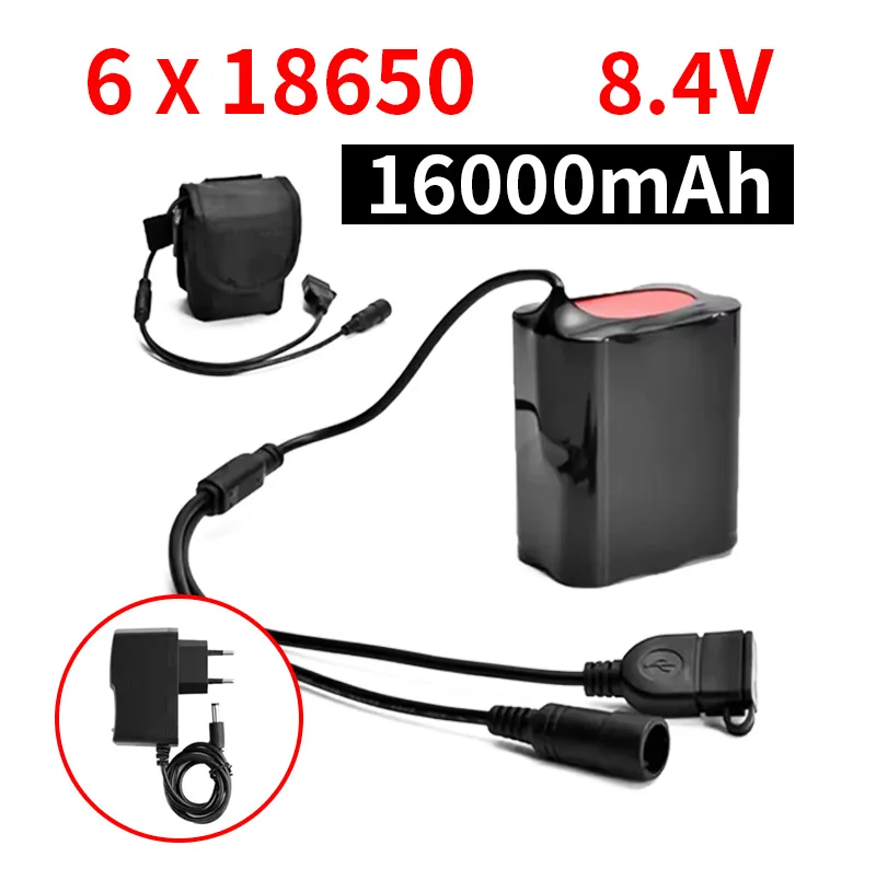 8.4V 16000mAh 6*18650 Battery Pack Bike-Light Battery 18650 Li-ion DC 5.5MM for Bike Bicycle Flashlight Headlamp Accessories