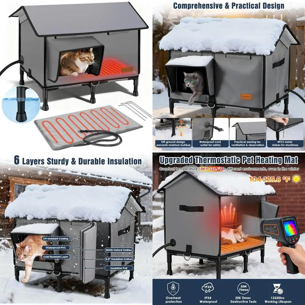 

Большой уличный изолированный кошачий домик из водонепроницаемой ткани и подушкой с подогревом для бродячих кошек