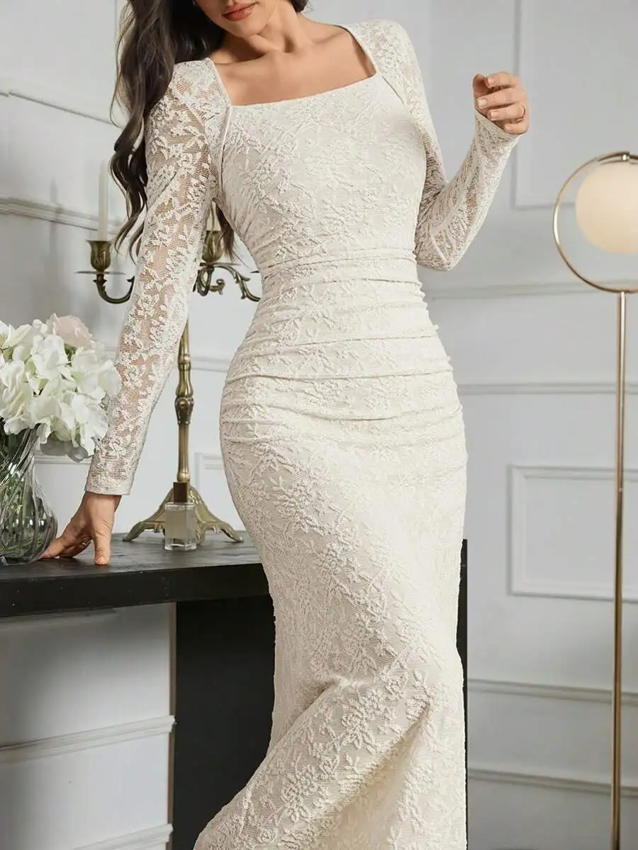 

Urban Elegant White Lace Slim Fit Dress For Women Long Evening Dresses