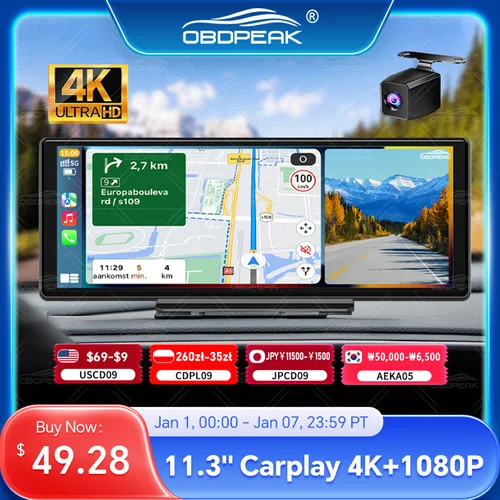 Cámara de salpicadero OBDPEAK K2 Pro de 11,3 pulgadas, 4K, DVR, navegación GPS, inalámbrica, CarPlay y Android, grabadora de vídeo para salpicadero automático, lente Dual Universal
