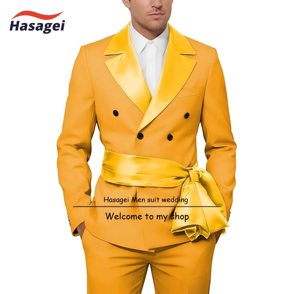 

Formal Mens Double Breasted Tuxedo Suit Set Slim Fit Waist-belted Jacket Pants 2 Piece Suits for Men Wedding Prom Party Tuxedos