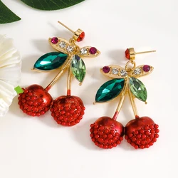 Charming Bling Rhinestone Beaded Cherry Dangle Earrings Cute Designed Fruits Drop Earrings For Women Statement Accessory Gifts