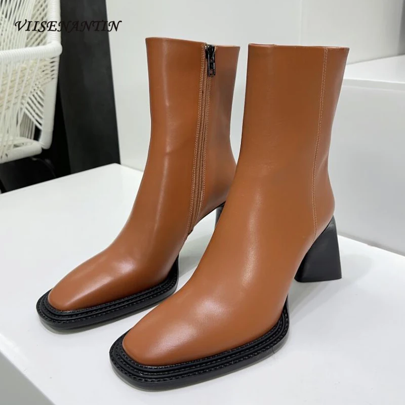 

2023 New Style Strange High Heel Women Short Boots Square Head Side Zipper Fashion Lady Genuine Leather Street Dress Ankle Boots