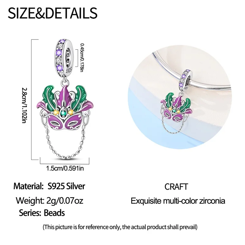 Abalorio de máscara de fiesta de Plata de Ley 925, colgante de baile compatible con pulseras de dijes de 4MM de diámetro, regalo de joyería DIY para mujer