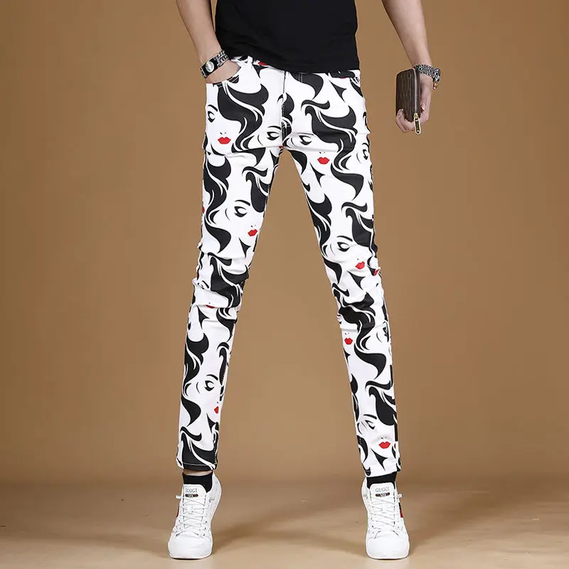 Light Luxury Men’s Street Fashion Full Print White Jeans,Slim-fit Korea Version Stretch Denim Pants,Trendy Casual Jeans Pants;