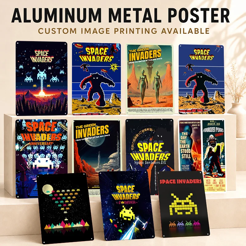 Space Invaders Textured Posters Personalized Aluminum Metal Sign Retro Epic Quest Illustration Wall Art Ideal In Gaming Lounge