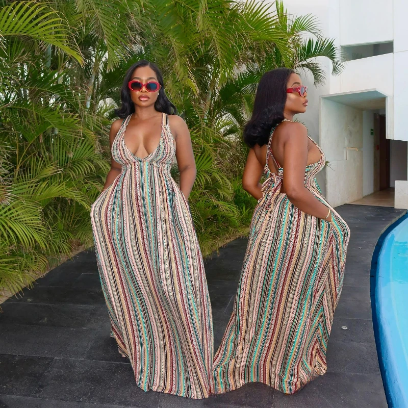 

Women Print Striped Long Dresses Sleeveless V Neck Backless Bandage Dress Casual Beach Vestidos Pockets Lady Summer 2025