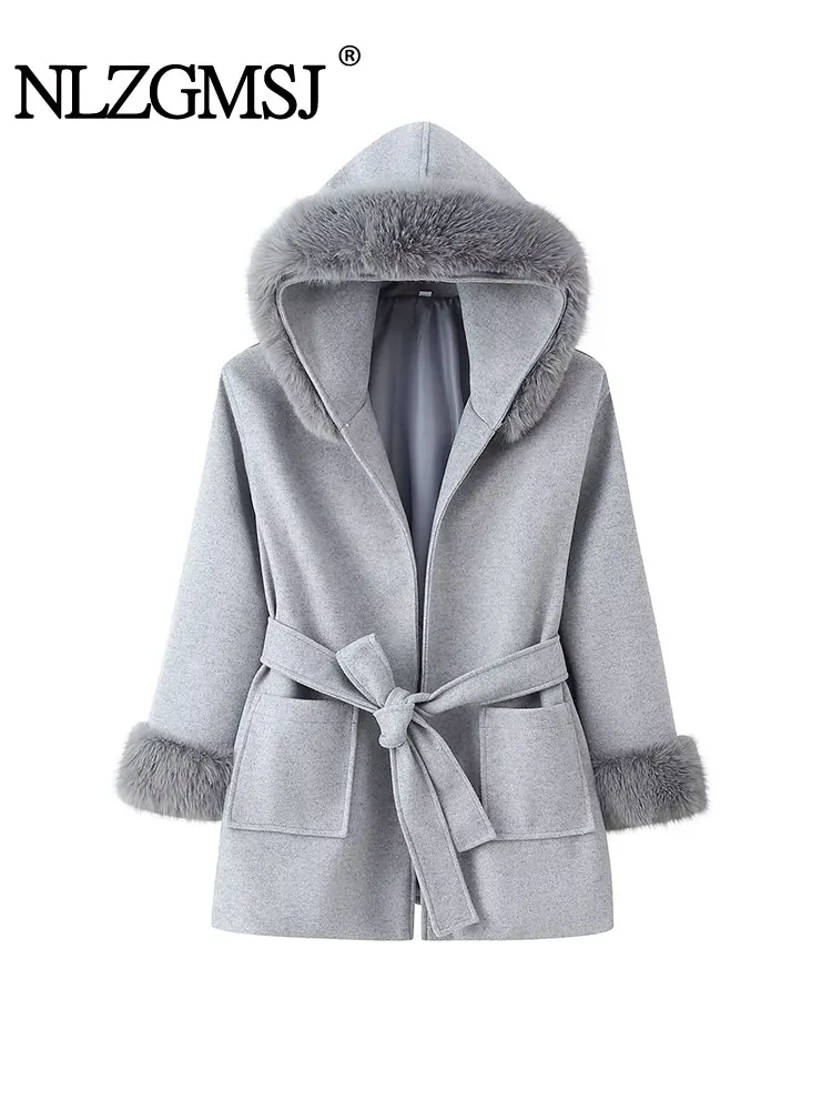 

NLZGMSJ Faux Fur Trims Women Hooded Woolen Coat Thick Long Sleeve Casual Loose Jacket Female Overcoat Outerwear