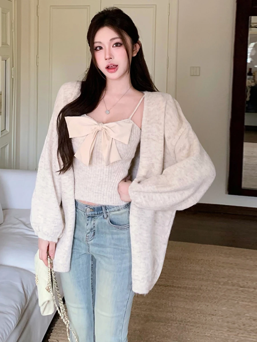 Soft Cozy Korean Style Decorative  Knot Strap Vest Open Cardigan Knitted Sweater Jacket Two Piece Set Gentle Wind