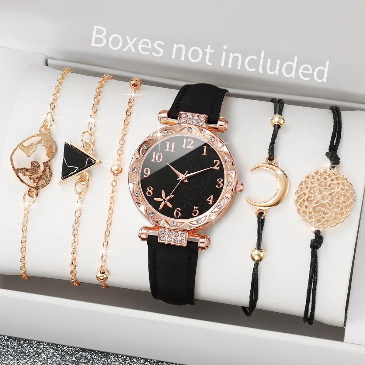 6PCs/Set Women's Fashion Watch Round Flower Dial Leather Strap Quartz Watch with Black Triangle Bracelet