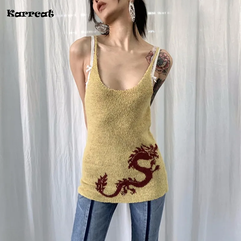 

Karrcat Japanese Y2k Knit Tank Top Vintage 2000s Red Dragon Embroidery Tanktop Grunge Aesthetics Knitted Cami Top American Retro