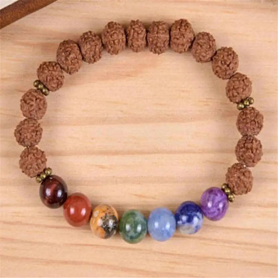 8mm Rudraksha 7 Chakras Gemstone Mala bracelet Natural stone Women Hand zazen Jewelry Chakra Mala tassel Meditation elastic view 2