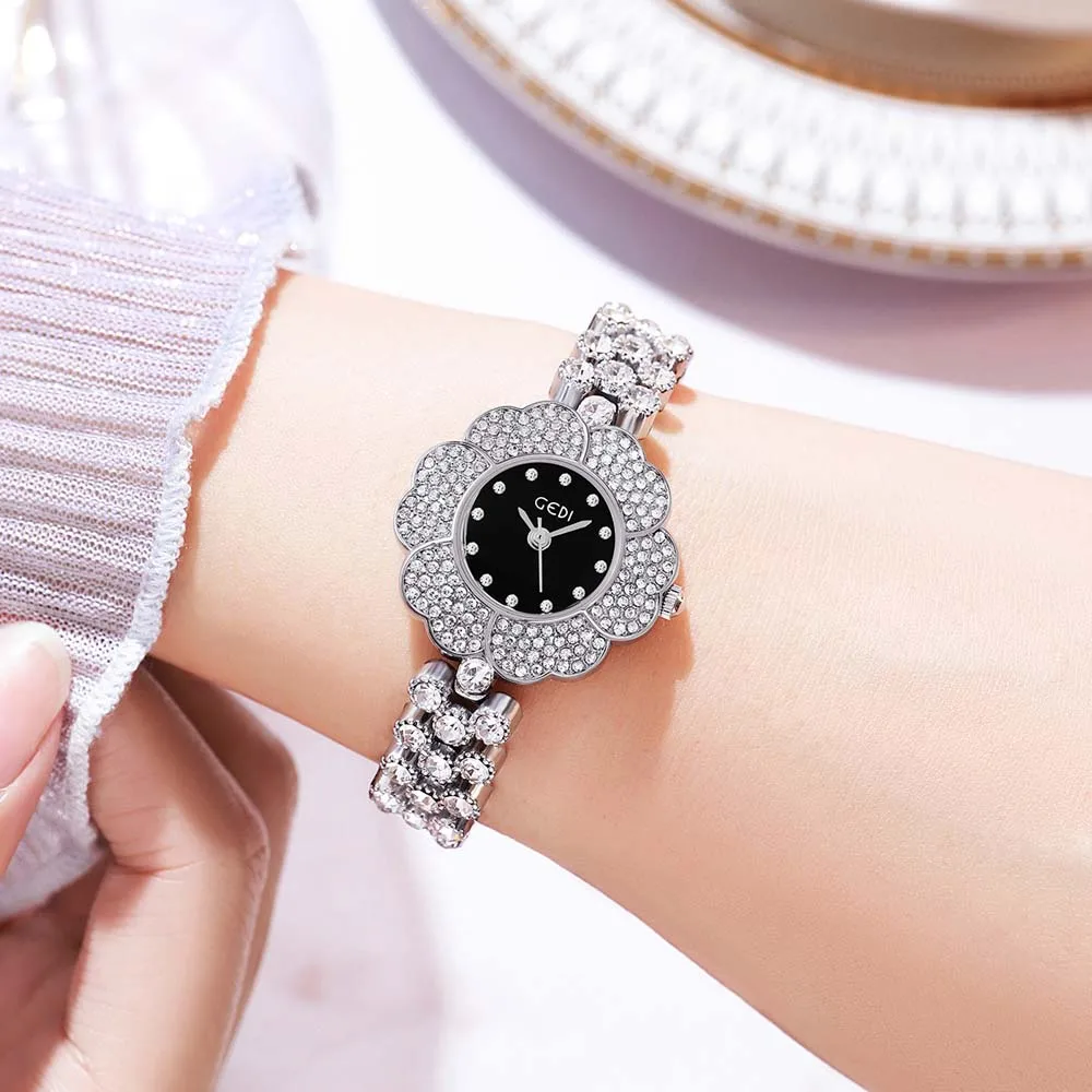 GEDI New Women's Watch Luxury  Flower Quartz Wristwatch Fashion Crystal-Embellished Bracelet Watch часы женские наручные reloj
