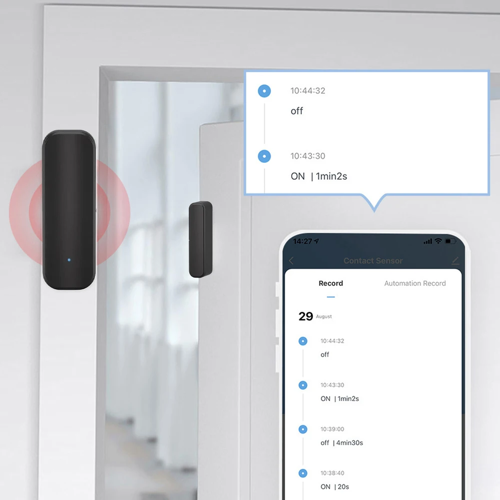 Wi-Fi,ドア開閉センサー,アプリケーション付き,通知,ウィンドウ,Tuya,ホームセキュリティ用の接触センサー,黒色