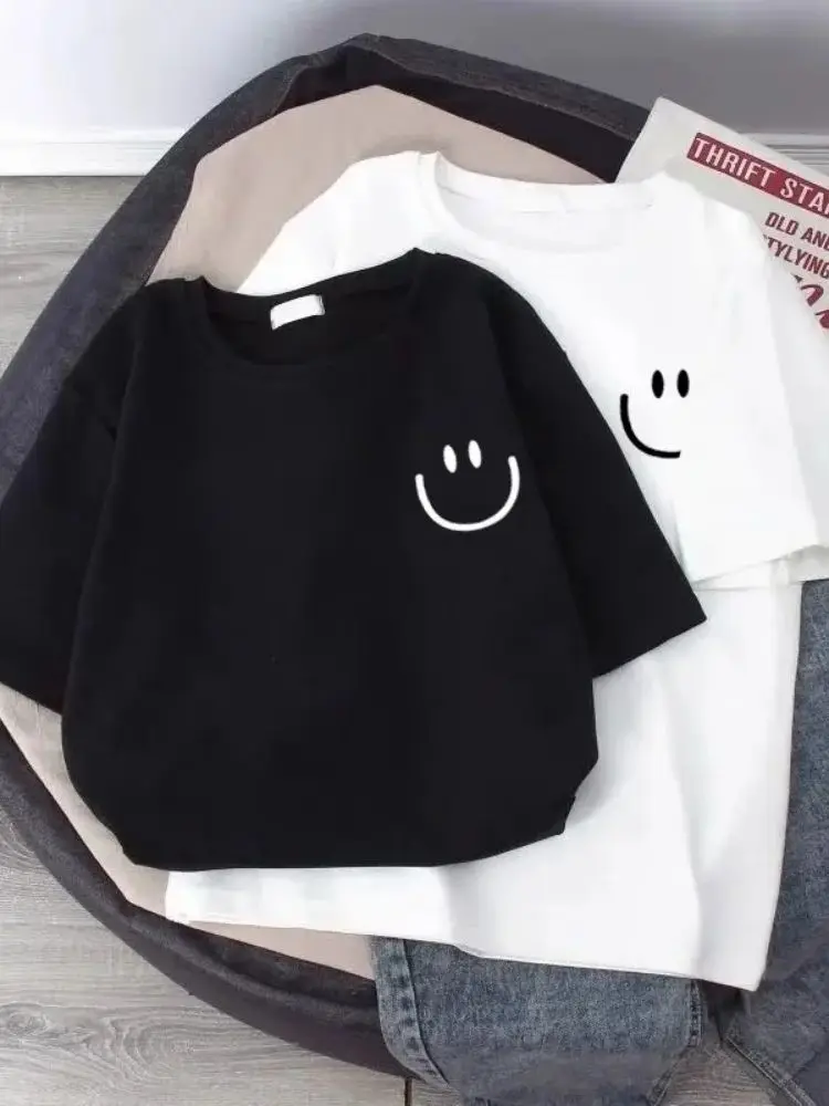 Summer Smiling Face Print Children's T-shirt Short-sleeved Pure Basic Versatile Base Cool Simple Kid Girl Tees Tops
