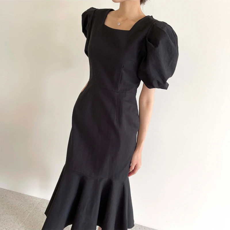 فستان كوري أنيق صيفي برقبة مربعة أنيق بتصميم ربط خلفي فستان حورية البحر للنساء لون نقي فستان ميدي عتيق