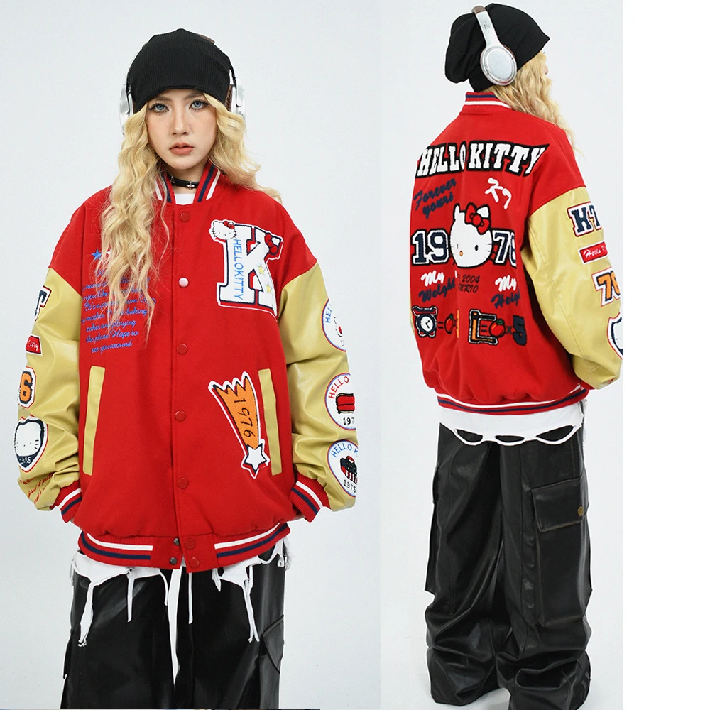

Anime Women Baseball Uniform Jacket Coat Hello Kitty Cartoon Cute Trend Clothes Stand Collar Coat Loose Warm Sweet Girls Tops