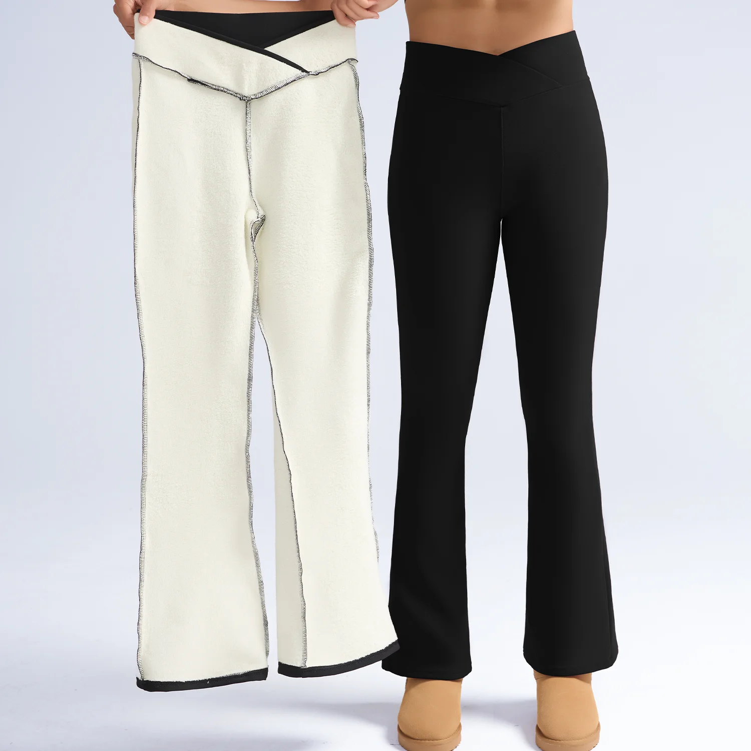 Pantalon évasé moulant en polaire taille V pour femme, garde au chaud, jambes fines, Leggings noirs longs, automne/hiver