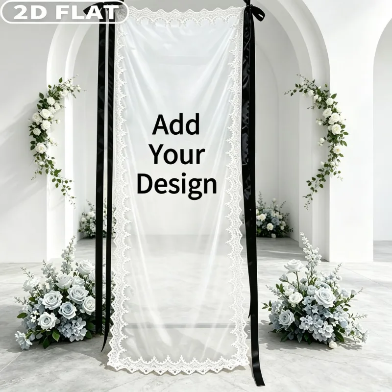 1pc Custom Sheer Wedding Banner with Lace Edge, Welcome Sign, Wedding Entry Banner with Black Ribbons, Romantic Photo Backdrop