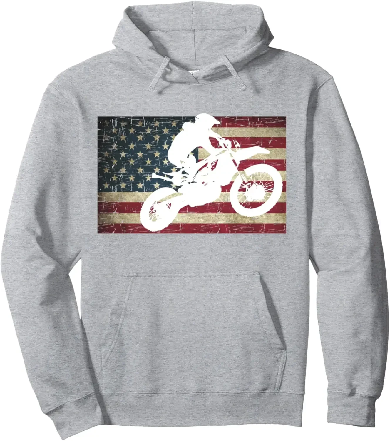 Dirt Bike Silhouette Distressed American Flag Motocross Pullover Hoodie