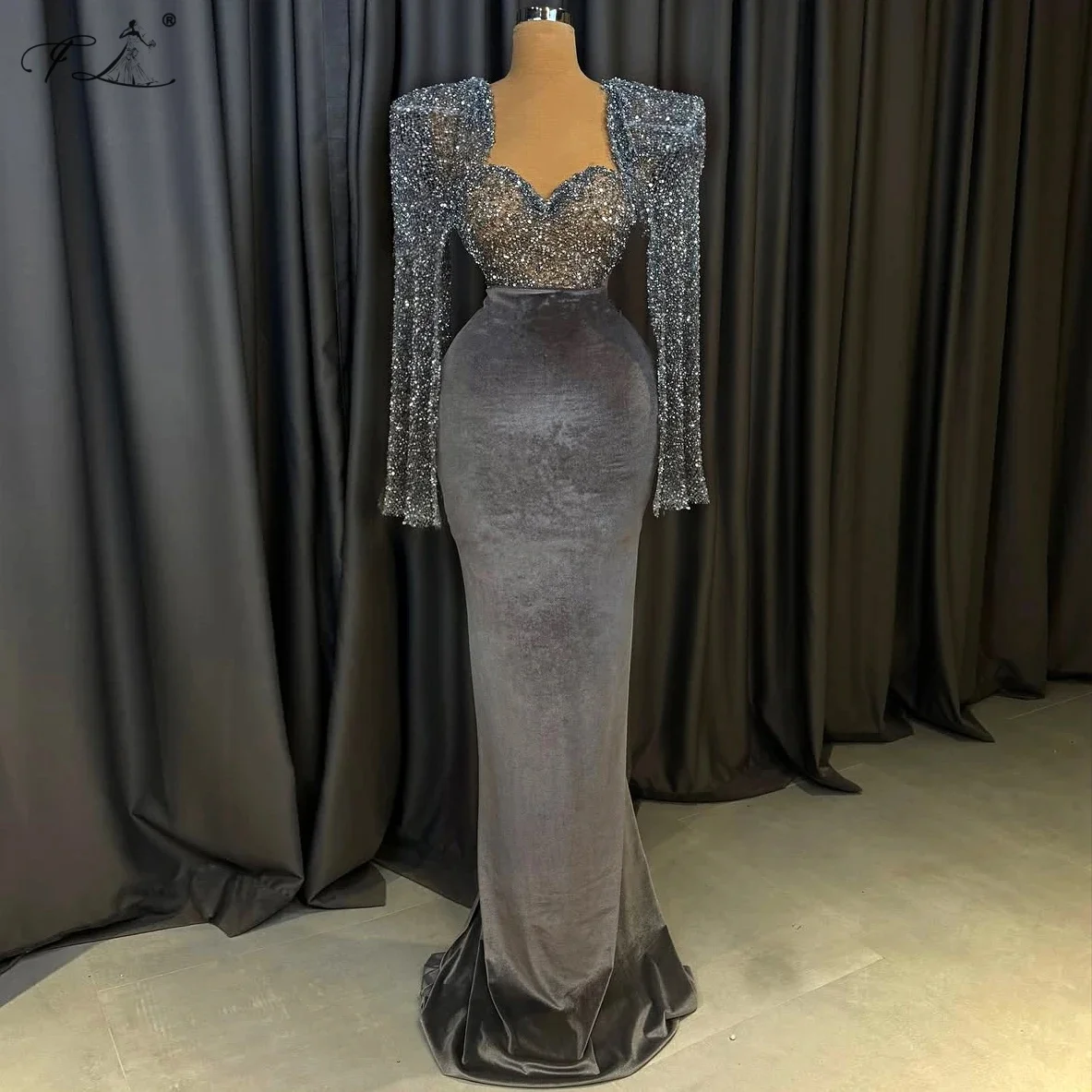 

Cocktail party dress with sparkling sequins mesh velvet dress Long Ball Gowns gray slimming party dress formal occasion dress