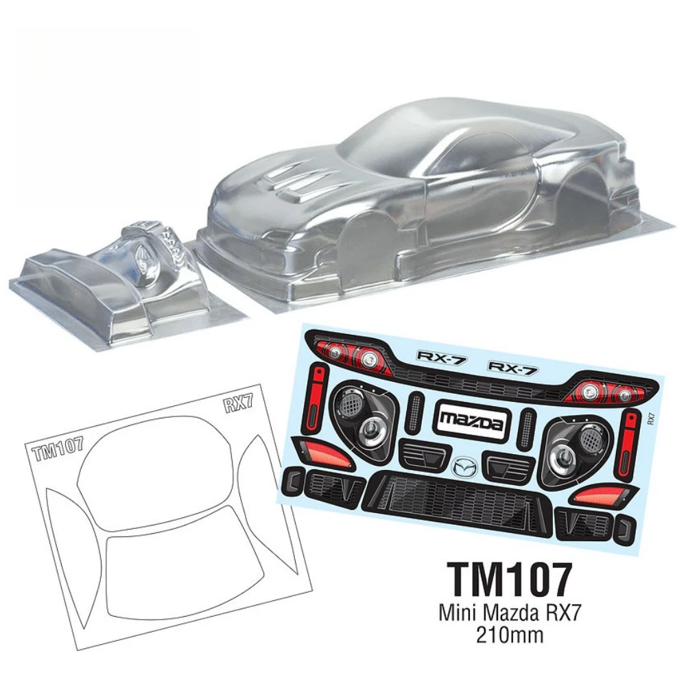 TM107 1/10 Mini Mazda RX7 Clear Lexan Car Body 210mm W/Rear Wing + Light Buckle and Light Decal