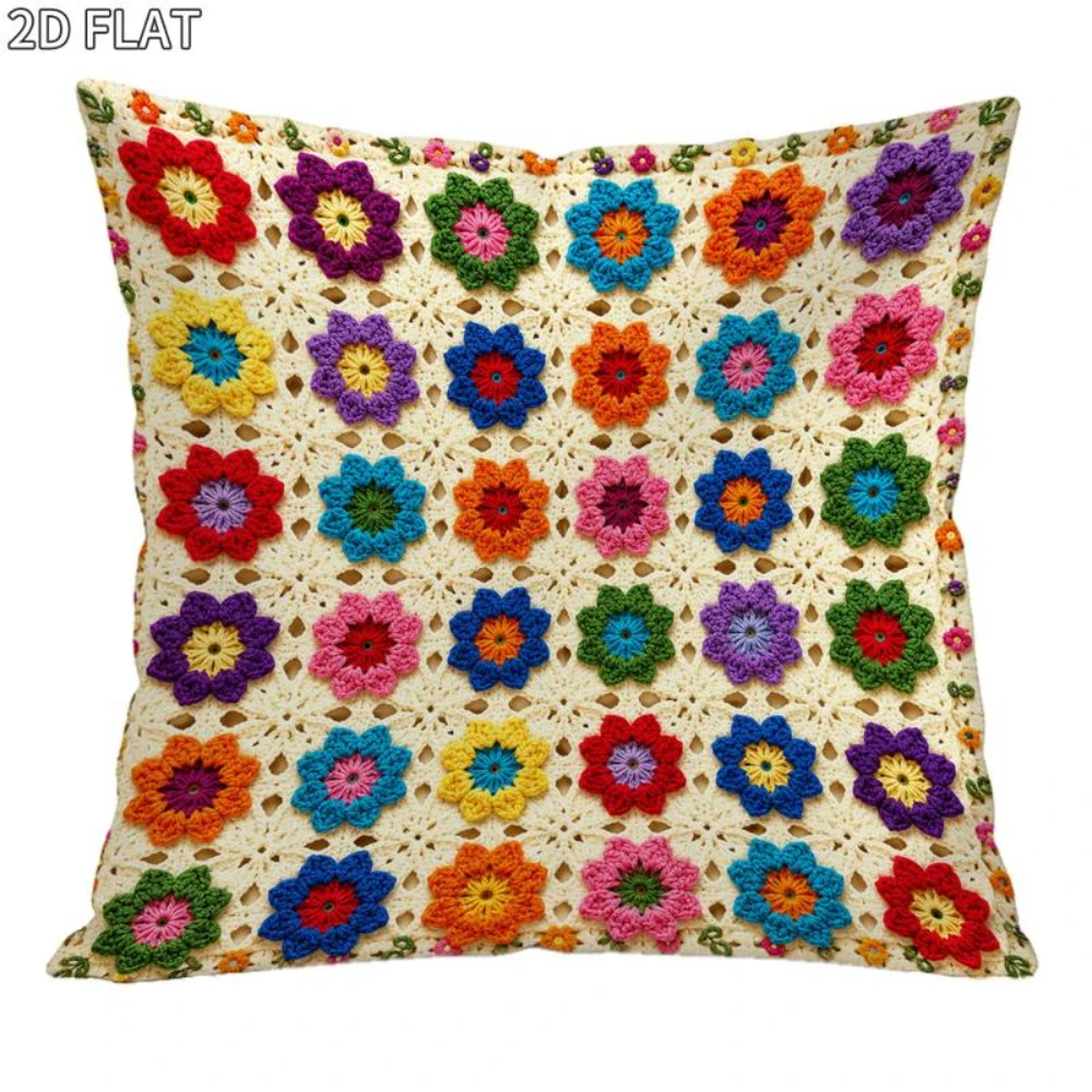 1PC Crochet Flower Grid Print Pillow Cover Granny Square Handmade Style Decorative Throw Pillowcase Sofa Couch Home Decor