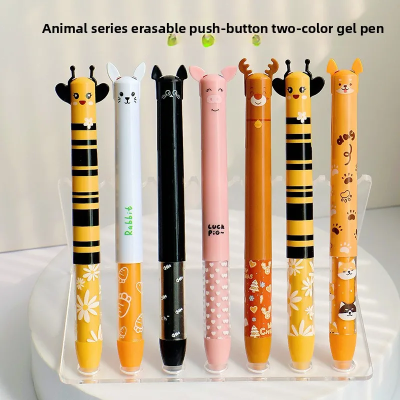 12 Pcs Cute Styling Two-Color Side Press Erasable Pen Heat Transfer Animal Flower Film Back To School