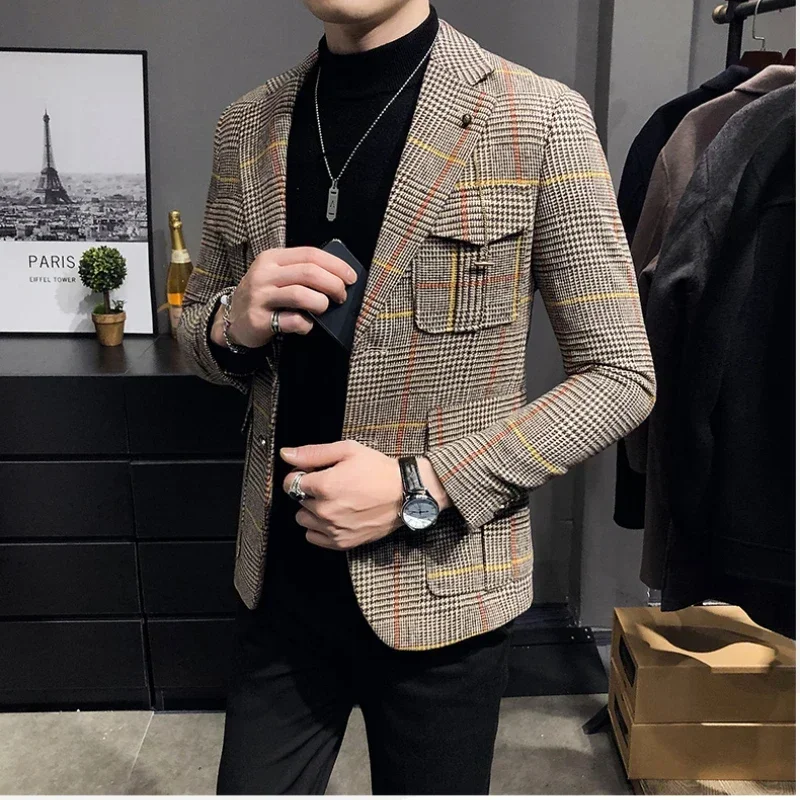 

2024 Spring Men Plaid Blazers British Printed Wedding Business Casual Blazer Suit Jacket Male Formal Blazers Plus Size M-3XL