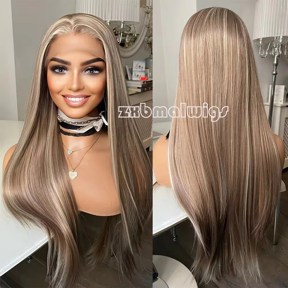 Perruque Lace Front Synthétique Blonde à Reflets pour Femme, Cheveux Lisses, Sans Colle, Préplumée, Fibre de Degré de Chaleur, 03/Cosplay