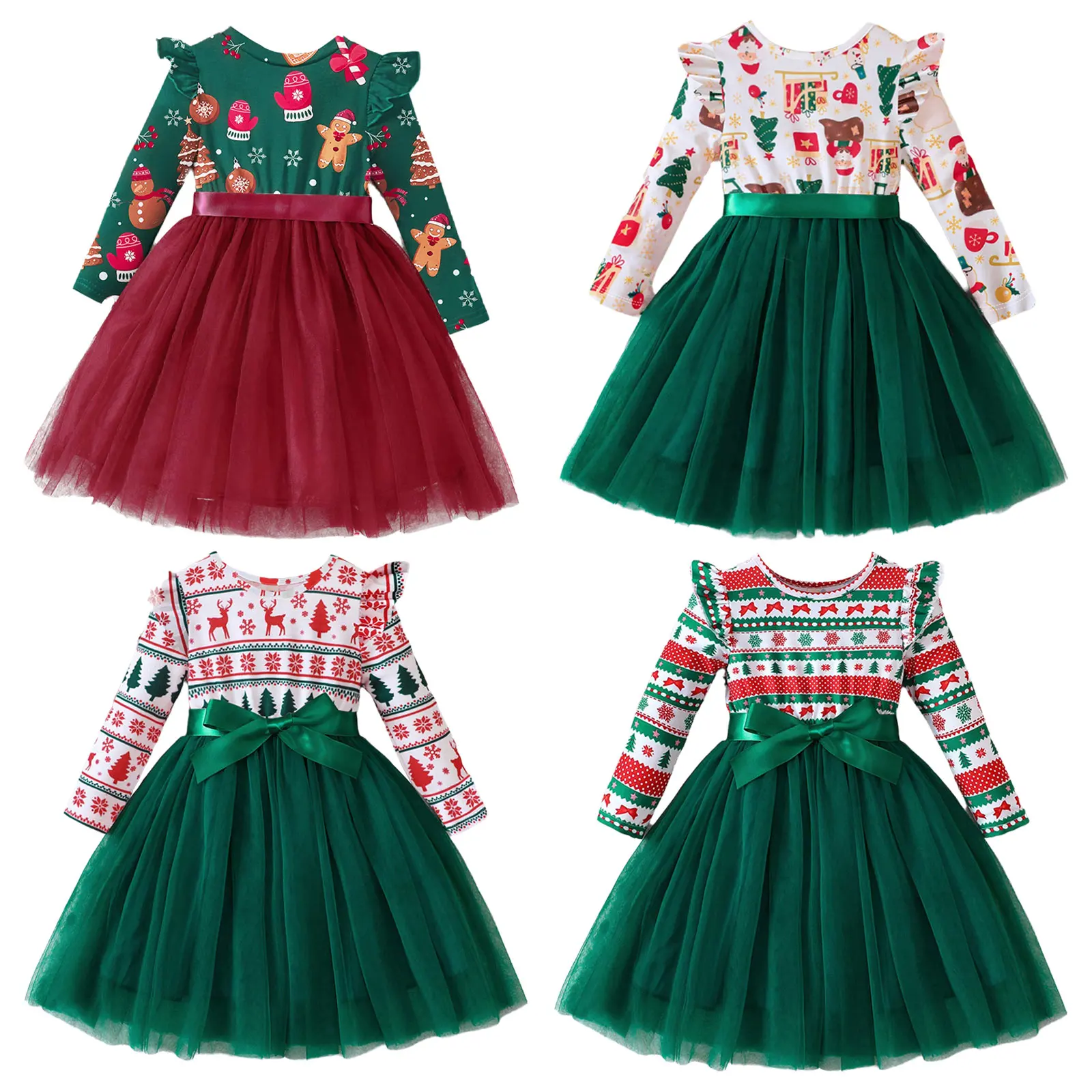 Robe de danse de Noël pour petites filles, manches volantes, manches longues, taille haute, robe trapèze, père Noël, utilisation pour la fête, costume de festival