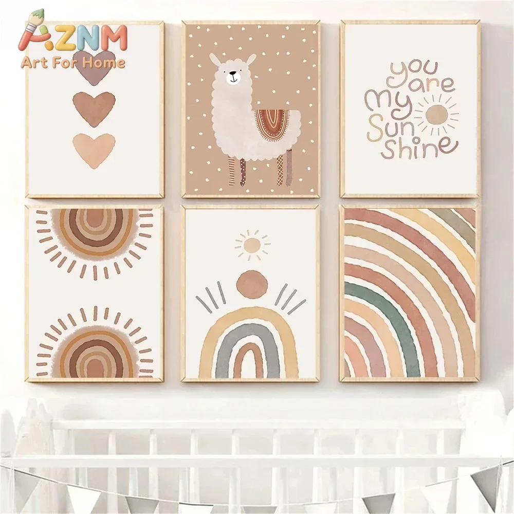 AZNM Boho Neutral Baby Nursery Canvas Wall Art Alpaca Rainbow Sun Heart You Are My Sunshine Quote Print Painting for Kids Bedroo