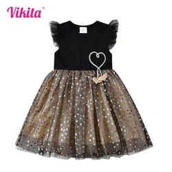 VIKITA Girls Black Princess Dress Kids Flare Sleeve Summer Dresses Kids Birthday Party Evening Gown Performance Elegant Costumes