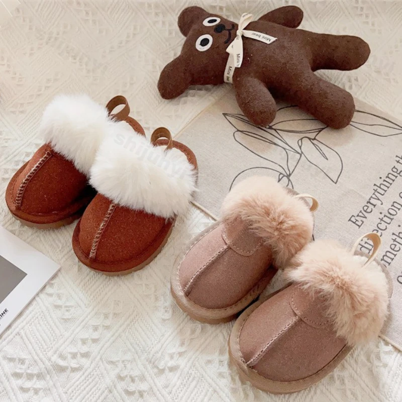 Children's Cotton Slippers 2025 New Fashion Solid Color Plush Home Slippers Indoor Non-slip Comfort Boys Girls Warm Cotton Shoes